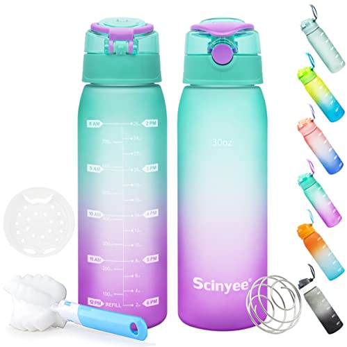 Scinyee 30oz Leakproof BPA Free Drinking Water Bottle with Time Marker & Shaker Ball to Ensure You Drink Enough Water Throughout The Day for Fitness Indoor and Outdoor Enthusiasts