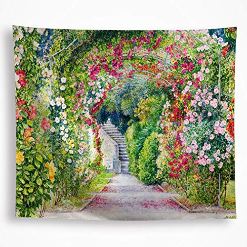 Garden Flowers Tapestry Wall Hanging Golden Spring Floral Mystic Path Nature Picture Wall Art Décor Colorful Plants Wall Blanket for Bedroom Livingroom Dorm 59×82.6 Inch