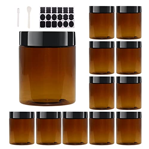 12 Pack 8 OZ Amber Plastic Jars With Black Lids, 6 Spatula, A Pen & Labels – PET Storage Container for Cosmetics, Cream, Gel, Kitchen Storage & Travel Jar Plastic Slime Jars by ZMYBCPACK