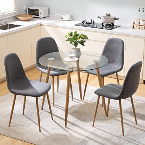 Bacyion 5 Pieces Dining Table Set for 4, Round Glass Dining Table and Fabric Chairs with Metal Legs, Modern Table and Chairs for Dining Room and Kitchen (Round Table + 4 Fabric Deep Grey Chairs)