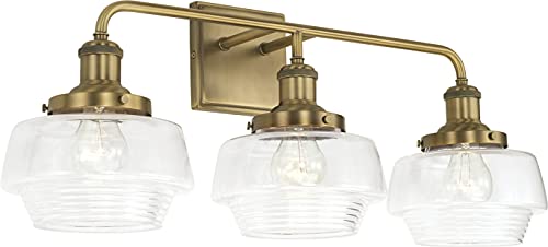Capital Lighting 142231AD-511 Miller Industrial Ribbed Glass Schoolhouse Bath Vanity Wall Mount, 3-Light 300 Total Watts, 11″ H x 27″ W, Aged Brass