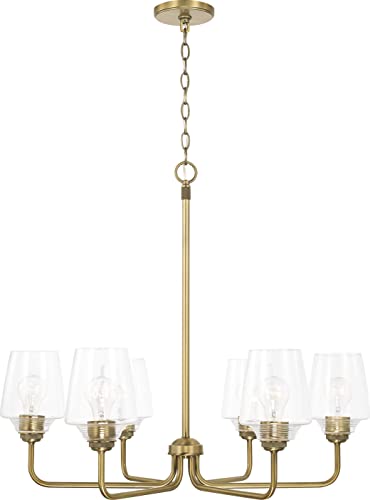 Capital Lighting 442261AD-512 Miller Urban/Industrial Clear Ribbed Glass Chandelier, 6-Light 600 Total Watts, 27″ H x 30″ W, Aged Brass