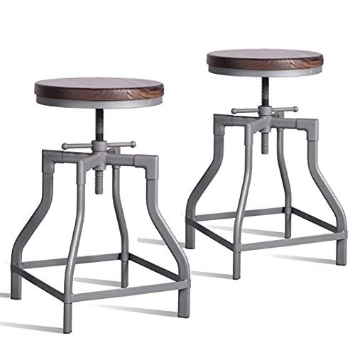 GWAREZ Set of 2 -Vintage Industrial Machinist Stools-Rustic Kitchen Island Stool-Metal and Wood Top Dining Breakfast Chair-Kitchen Counter Height Adjustable Stool-Cast Steel Stool 20- 25.5Inc…