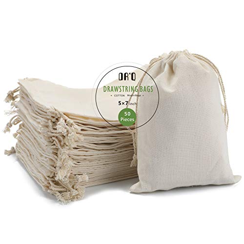 DRQ Cotton Drawstring Bags, EcoFriendly Muslin Bags (5 by 7 inch) Gift Bags, Party Favor Bags, Unbleached Cotton Pouches, Sachet Bag,Fabric Bags,Cloth Bags(50 Pieces)