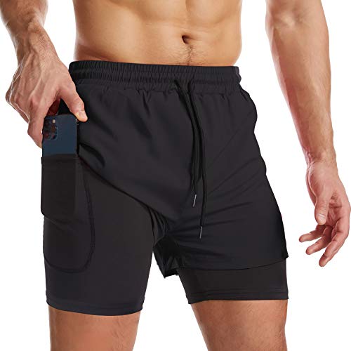 Surenow Mens 2 in 1 Running Shorts Quick Dry Athletic Shorts with Liner, Workout Shorts with Zip Pockets and Towel Loop Black