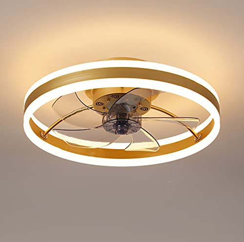 JLPAN Flush Mount Ceiling Fans with Light Remote Control, Bladeless Ceiling Fan Dimmable Reversible 6 Speeds 19.7” low profile ceiling fan, Gold
