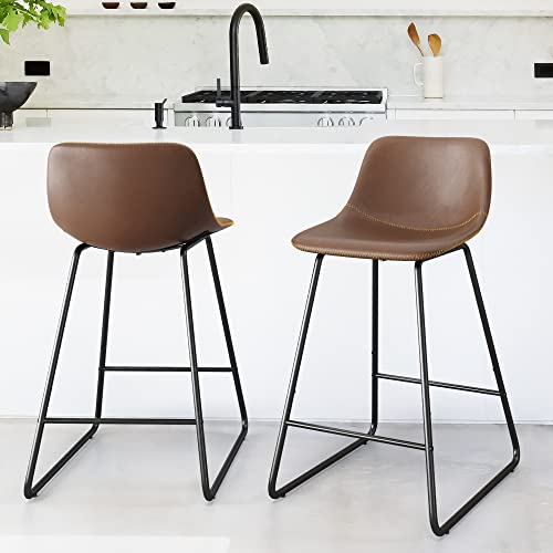 Alexander Indoor/Outdoor Industrial Faux Leather Bar Stools Set of 2,Urban Armless Dining Chairs with Metal Legs, Modern Counter Height Barstools for High Desk Home Office Restaurants,24″,Brown