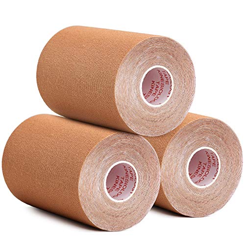 Gstream 3 Pack Kinesiology Tape, Water Resistant Muscle Support Adhesive Sport Tape for Pain Relief, Latex Free Cotton Elastic Athletic Tape for Joints, Knee, Ankle, Shoulder, Wrist – Tan 4in 5.5yd