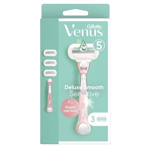 Gillette Venus Deluxe Smooth Sensitive Women’s Razor + 3 Razor Blade Refills, with Rose Gold Metal Handle, Lubrastrip with A Touch of Aloe Vera