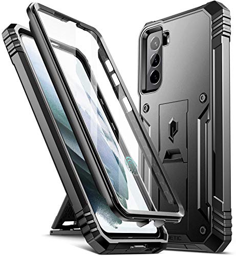 Poetic Revolution Case for Samsung Galaxy S21 5G 6.2 inch, Built-in Screen Protector Work with Fingerprint ID, Full Body Rugged Shockproof Protective Cover Case with Kickstand, Black