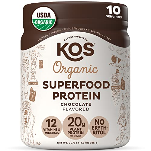 KOS Vegan Protein Powder Erythritol Free, Chocolate – Organic Pea Protein Blend, Plant Based Superfood Rich in Vitamins & Minerals – Keto, Dairy Free – Meal Replacement for Women & Men, 10 Servings