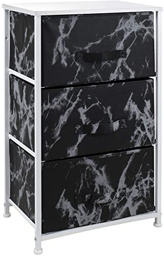 Sorbus Nightstand with 3 Drawers – Bedside Furniture & Accent End Table Storage Tower for Home, Bedroom Accessories, Office, Dorm, Steel Frame, Wood Top, Easy Pull Fabric Bins (Marble, Black/White)