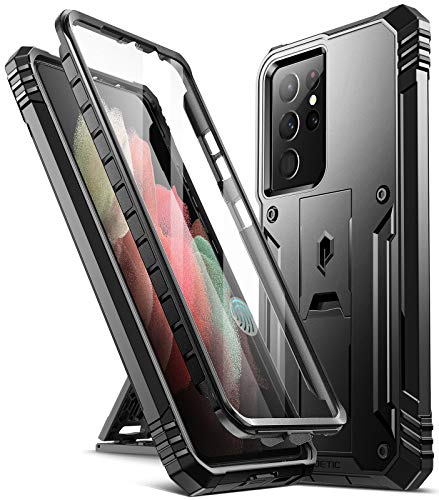 Poetic Revolution Case for Samsung Galaxy S21 Ultra 5G 6.8 inch, Built-in Screen Protector Work with Fingerprint ID, Full Body Rugged Shockproof Protective Cover Case with Kickstand, Black