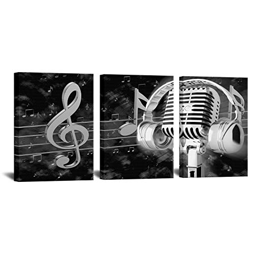Biuteawal Music Artistic Paintings Wall Art Black White Microphone and Headset Note Picture Canvas Giclee Print Modern Home Studio Bedroom Decor Stretched and Framed Ready to Hang