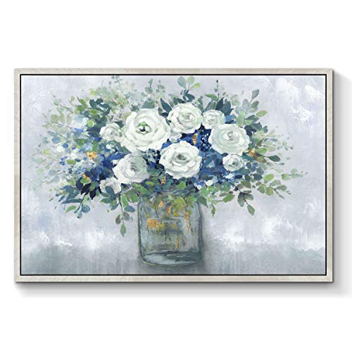 TAR TAR STUDIO Flower Canvas Wall Art Framed: Abstract Floral Bouquet in Glass Vase Artwork Painting for Bedroom (36”W x 24”H, Multiple Sizes)