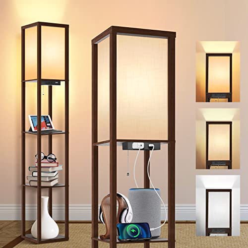 OUTON Floor Lamp with Shelves, LED Modern Shelf Floor Lamp with USB Port & Power Outlet, 3 Color Temperature, Storage Display Wood Column Standing Tall Lamp for Living Room, Bedroom, Office, Walnut