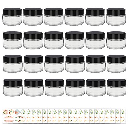 24 Pack 1oz Clear Round Glass Jars – Empty Cosmetic Containers with Inner Liners, black Lids and Glass Sample Jars with labels For Slime, Beauty Products, Cosmetic, Lotion，Powders and Ointments