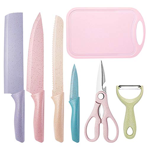 Colorful Kitchen Knife Set, 7 Pieces Sharp Kitchen Knives Set Including Cuchillos, Scissors, Peelers, Cutting Board – Stainless Steel Blade Knife for Slicing, Paring, Chopping, Cooking Knife