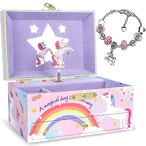 Girls Unicorn Musical Jewelry Box with Unicorn Charm Bracelet, Glitter Star and Rainbow Design, Unicorn Gifts for Girls Ages 3+