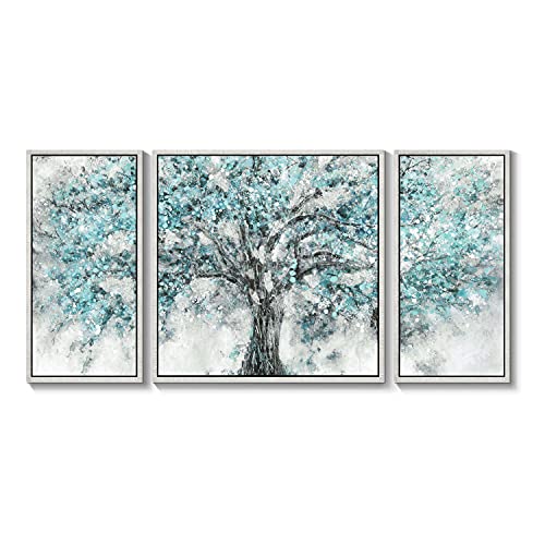 TAR TAR STUDIO Abstract Tree Canvas Wall Art: Blue Blossom Artwork Picture Print Painting on Canvas for Living Room ( Overall 64″ W x 32″ H, Multiple Sizes / Color )