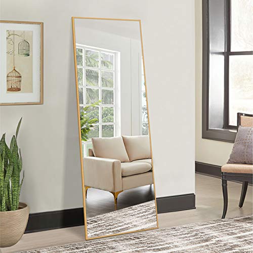 NeuType Full Length Mirror Dressing Mirror 65″x22″ Large Rectangle Bedroom Floor Standing Mirror Wall-Mounted Mirror Standing Hanging or Leaning Against Wall Aluminum Alloy Thin Frame (Gold)