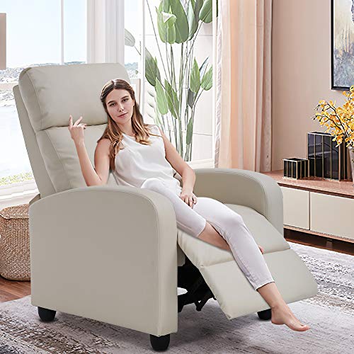 Recliner Chair, Padded Wide Seat Sofa PU Leather Massage Reclining Chair with Footrest & Backrest, Wingback Heavy Duty Modern Single Sofa Home Theater Seating Easy Lounge for Living Room, Beige