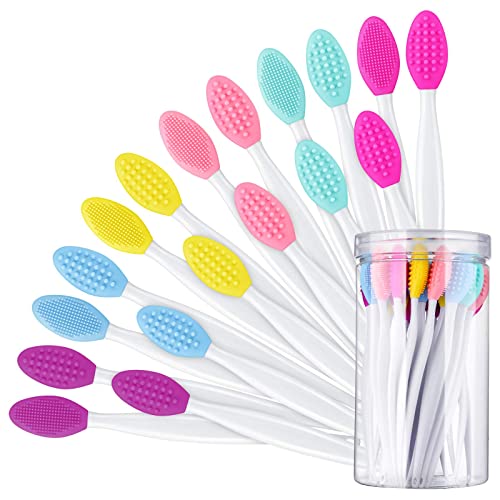 24 Pcs Silicone Exfoliating Lip Brush with Container, Double Sided Silicone Lip Scrubber Soft Cleaning Lip Brush Face Cleaning Applicator for Plump Smoother and Fuller Lip Appearance (Mixed Colors)