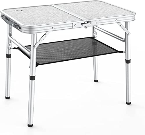 Sportneer Camping Table, Adjustable Height Small Folding Table with Mesh Layer Portable Camp Tables with Aluminum Legs for Outdoor Camp Picnic Beach BBQ Cooking (23.6″ L x 15.7″ W (3 Height))