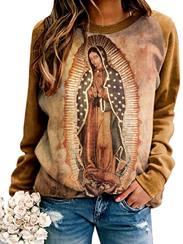 HYPOWELL Our Lady of Guadalupe Virgin Mary Faith Sweatshirts for Women Long Sleeves Pullover Raglan Christian Sweatshirts for Women (Brown, M)
