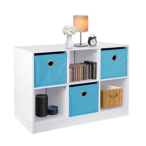 SUPER DEAL 6 Cube Storage Organizer 3×2 Wooden Cubic Bookcase with 3 Bins, Display Cubby Shelf Toy Storage Cabinet for Bedroom Livingroom, White/Light Blue