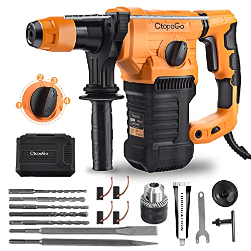1-1/4 Inch SDS-Plus 12.5 Amp Heavy Duty Rotary Hammer Drill 4 Functions W/Vibration Control Safety Clutch Includes Drill Chuck& Key, Grease, Flat& Point Chisels, 5 Drill Bits, Gloves, Carrying Case