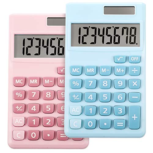 2 Pieces Basic Standard Calculators Small Digital Desktop Calculator with 8-Digit LCD Display, Battery Solar Power Smart Calculator Pocket Size for Kids for Home School (Blue, Pink)