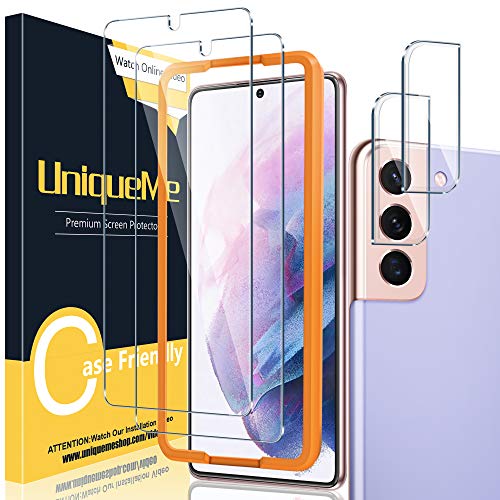 UniqueMe [ 2+2 Pack Compatible with Samsung Galaxy S21 Plus / S21+ 5G – 6.7 inch Tempered Glass + Camera Lens Protector Screen Protector with Easy installation Frame [NOT for Samsung Galaxy S21]