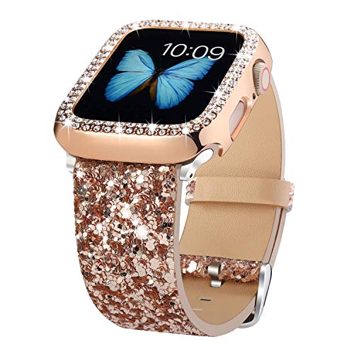 Bling Bands Compatible with Apple Watch Band 38mm 40mm 41mm 42mm 44mm 45mm + Case, Women Glitter Leather Strap with Bling Diamond Protector Cover For iWatch Series 8 7 6 5 4 3 2 1 SE (Rose Gold, 40mm)