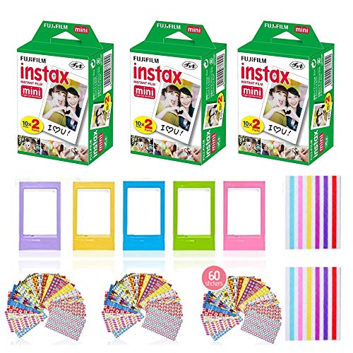 Fujifilm Instax Mini Instant Film (3 Pack, 60 Sheets) 5 Plastic Desk Frames, 60 Sticker Frames, 10 Hanging Creative Frames, 1 Pack Corner Stickers.