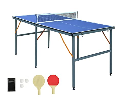 HooKung 6 ft Table Tennis Table Ping-Pong Tables Set – 100 Preassembled Foldable & Portable Ping Pong Family Game Tables with All-Weather Aluminum Composite Frame & Removable Net for OutdoorIndoor