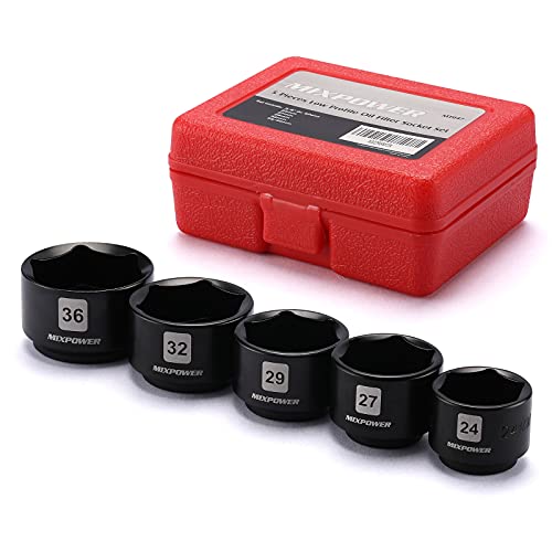 MIXPOWER 5 Pieces 3/8 inch Drive Low Profile Fuel Filter Socket Set, Low Profile Design for Easy Access, Chrome Vanadium Steel for Resist Rust and Corrosion, Low Profile Design for Easy Access