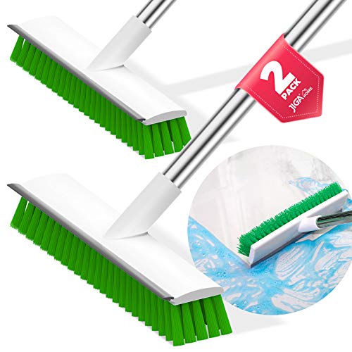 JIGA 2 Pack Floor Scrub Brush with Long Handle, 2 in 1 Scrape Brush Stiff Bristle Brush Scrubber, Cleaning Brush for Deck, Bathroom, Tub, Tile, Grout, Kitchen Floor, Patio, Garages, Green