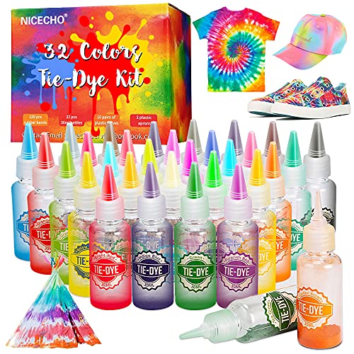 Tie Dye Kit, 32 Colors DIY Fabric Dye Set for Kids, All-in-1 Tie Dye Supplies for Adults, with Pigments, Rubber Bands, Gloves, Apron and Table Covers for Large Groups