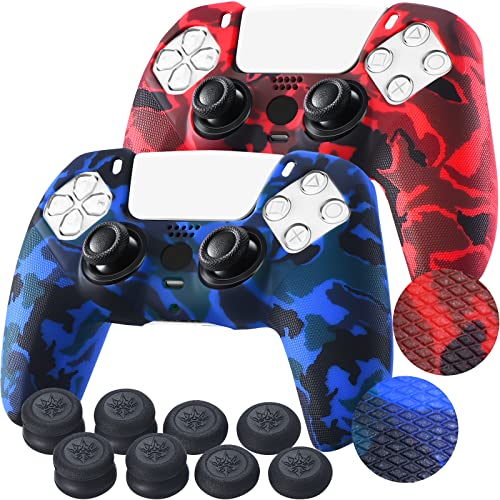 YoRHa Grip Texture Printing Silicone Cover Skin for PS5 Dualsense Controller x 2(Camouflage Red+Blue) with Pro Thumb Grips x 8