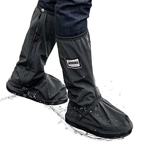 HEKEDES Waterproof Shoe Covers, Reusable & Foldable Rain Boot Shoe Cover with Zipper, Non-Slip, Reflector, Men Women Rain Gear, Black