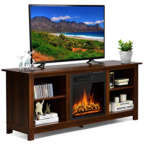Tangkula Fireplace TV Stand for TVs up to 65 Inches, 58 Inches Media Console Table w/Fireplace, 1500W Electric Fireplace Stove TV Storage Cabinet w/Remote Control, Adjustable Brightness & Heat
