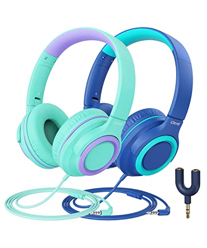 [2 Pack] iClever HS22 Kids Headphones with Microphone – 94dB Safe Volume Limited – Wired Headphones for Kids Teens with Sharing Splitter, Tangle-Free Foldable Stereo Headset for School/Tablet/Travel