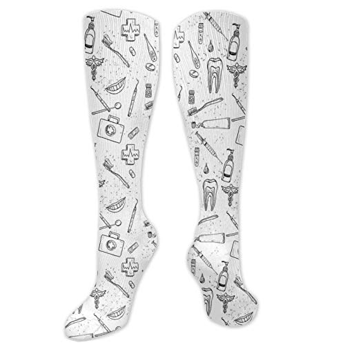 Compression High Socks-Hand Drawn Style Medical Pattern With Dental Hygiene Theme Teeth Care Cleaning,Socks Women and Men – Best for Running, Athletic,Hiking,Travel,Flight