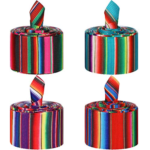 4 Pieces Mexican Serape Ribbon Fiesta Ribbon Rainbow Stripes Liston Mexicano Ribbon Colorful Grosgrain Ribbon for DIY Gift Wrapping, Fall Crafts Decoration, Party Sewing Supplies (Multi-Color)