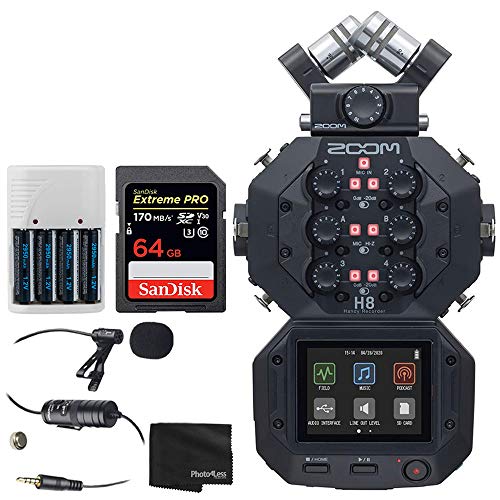 Zoom H8 8-Input/12-Track Portable Handy Recorder For Podcasting,Music,Field Recording + 64GB Memory Card + Professional Lavalier Condenser Microphone + Batteries and Charger-Deluxe Bundle,H8 K2