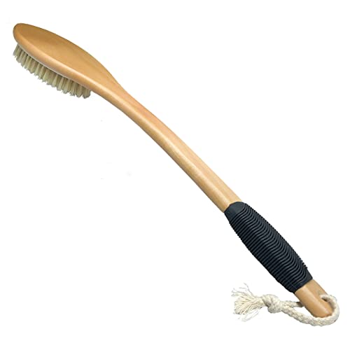 OWIIZI Bath Brush Wooden Curved Long Handle Antiskid Shower Brush for Exfoliating, Natural Bristle Scrubber for Back Use Wet or Dry