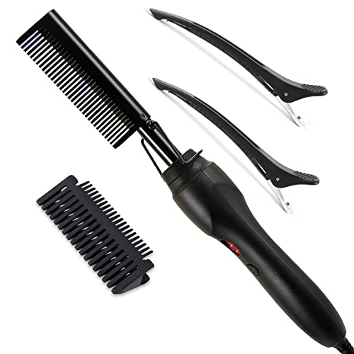 Hot Comb,Hair Straightener Comb,Pressing Comb,Electric Heating Straighten Comb,Hair Straightener for Black Hair,Hot Iron Comb for Wigs,Multifunctional Copper Hot Straightening Comb(1Pcs/Pack,Black)