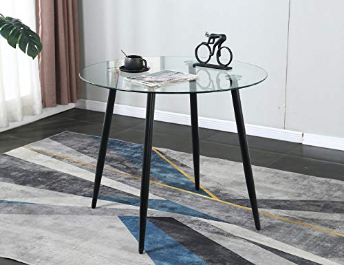 Round Dining Table – Modern Round Glass Dining Table Small Space Dining Room Table – Kitchen Table with Tempered Glass Tabletop and Metal Legs – Black