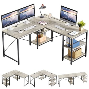 Bestier L Shaped Desk with Shelves 95.2 Inch Reversible Corner Computer Desk or 2 Person Long Table for Home Office Large Gaming Writing Storage Workstation P2 Board with 3 Cable Holes, Grey Oak | The Storepaperoomates Retail Market - Fast Affordable Shopping